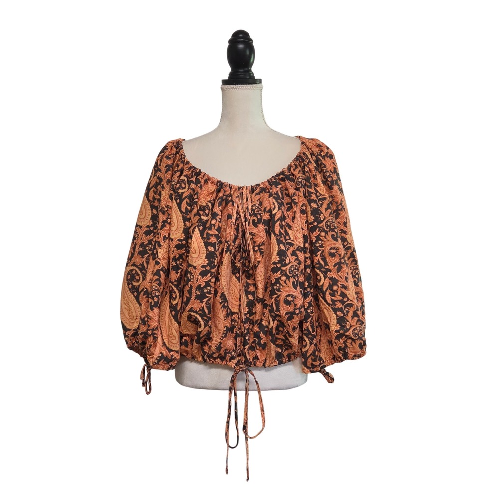 NWT Charlie Holiday Mila Blouse Burnt Paisley Orange Linen Cotton Top Size XL
